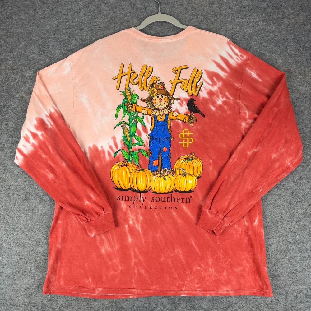 Simply Southern Hello Fall Scarecrow Tie Dye Shirt Long Sleeve Cotton Womens XL